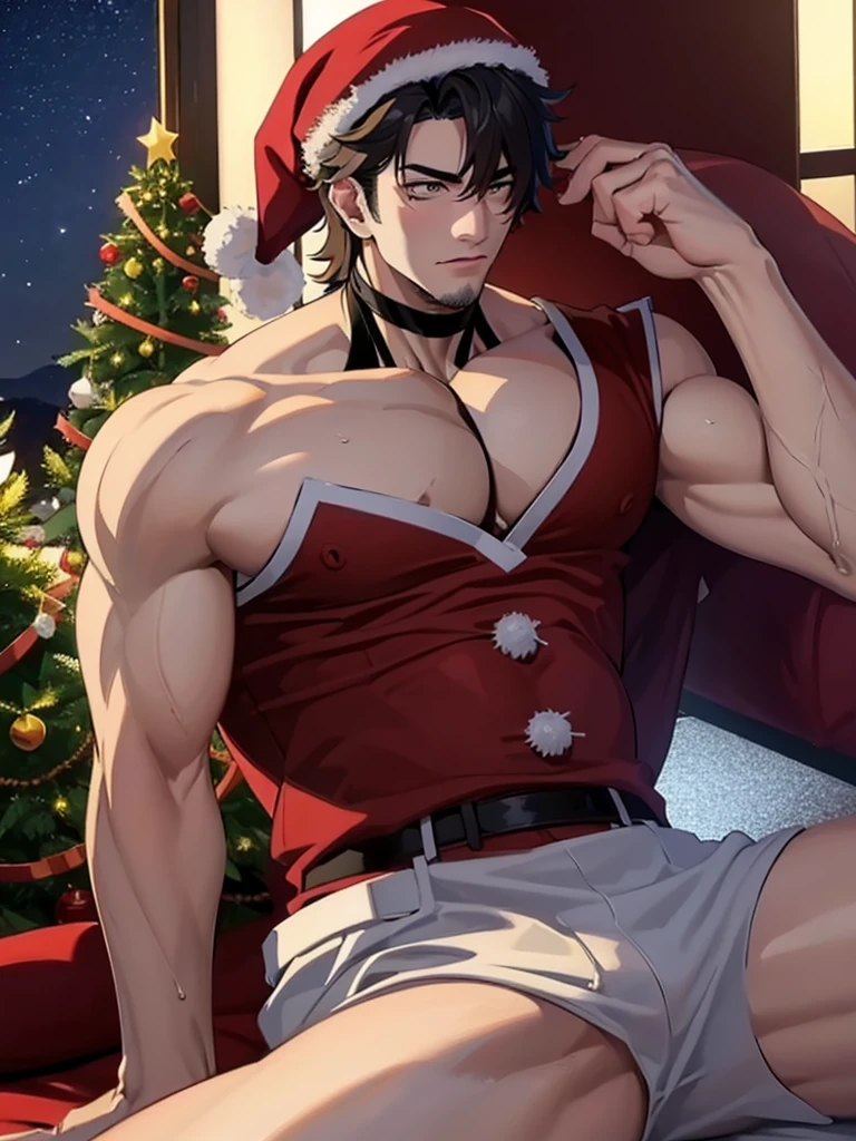 a man in a santa hat laying on a bed, santa, by Pu Hua, by Lü Ji, masculine muscular figure, christmas, muscular masculine figure, santa claus, masculine, muscular man, muscular men, korean artist, manhwa, wearing santa hat, festive, muscular male, sitting on santa, masayoshi suto and artgerm, pan ren wei, ful calidad, 4k, ful HD, calidad de cine, calidad alta