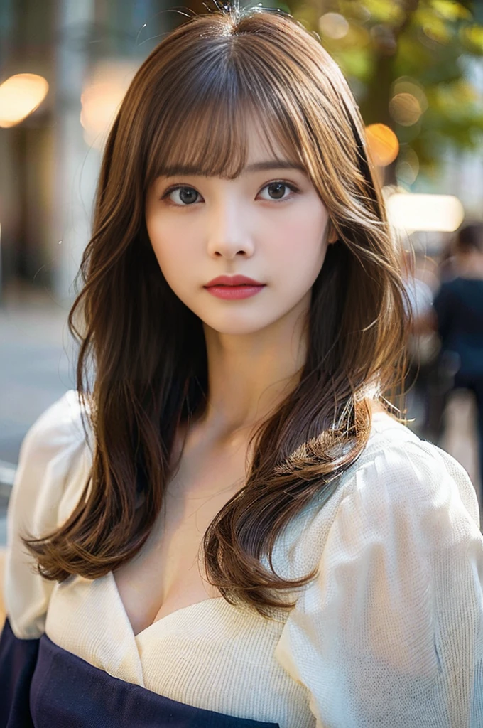 (masterpiece:1.5)、(Realistic:1.5)、(Highest quality:1.4、8K、RAW Photos)、 Ultra-high resolution、Professional Lighting、Perfect dynamic composition、Film Grain、chromatic aberration、(Bokeh:1.1)、 Frank、Sophisticated、charm、超Realistic、High detail、Golden Ratio、 (1 Girl)、Slender girl、繊細でcharm女の子、Cute Woman:1.4、 Serious expression、Looking at the audience、Light brown hair、Shiny Hair、The hairstyle is long hair、 Realistic looking skin、Beautiful Eyes、double eyelid、Thin arms、Big cleavage