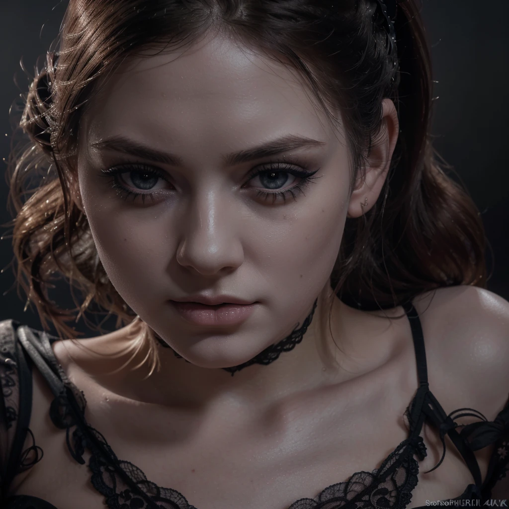 a girl with pale skin, beautiful detailed eyes, beautiful detailed lips, extremely detailed face, long eyelashes, ponytail, huge breasts, ass to the camera, black lace thong, dark moody lighting, gothic, dark, emotional, dramatic, (best quality,4k,8k,highres,masterpiece:1.2),ultra-detailed,(realistic,photorealistic,photo-realistic:1.37)