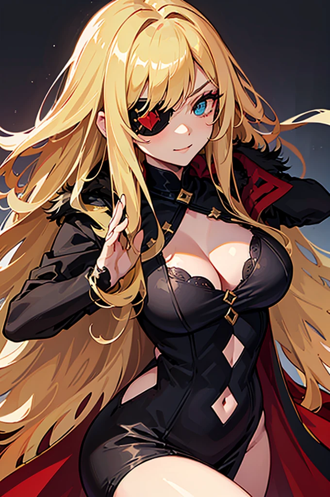 ((masterpiece)), ((best quality)), 1girl, adult, long hair, ((blonde hair)), very long blonde hair, ((intimidant look)), ((close-up)), profile image, green eyes, black and red clothes, sexy, dark colors, brillant eyes, ((coat with fur)), ((wavy hair)), exposed skin, ((sexy pose)), ((intimidant look)), good anatomy, ((dark sage clothes)), ((straight cut bangs)), emotionless, intimidant, ((beautiful eyes)), close up, ((detailed eyes)), beautiful eyes, ((detailed face)), hair bang, frontal look, evil, relaxed, smile, magical goddess othinus, detailed face, eyepatch, full body, ((detailed))