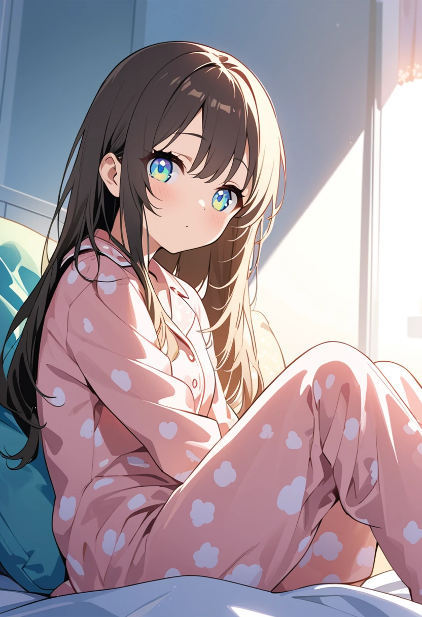 You are a professional illustrator。Please carefully check and draw the illustration according to the following conditions.、Morning Situation、A girl is sitting on her bed, gazing sleepily at the camera.、Delicate anime face、Big clear eyes、In pajamas、