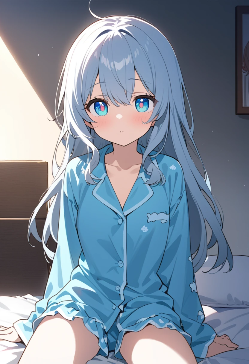 You are a professional illustrator。Please carefully check and draw the illustration according to the following conditions.、Morning Situation、A girl is sitting on her bed, gazing sleepily at the camera.、Delicate anime face、Big clear eyes、In pajamas、