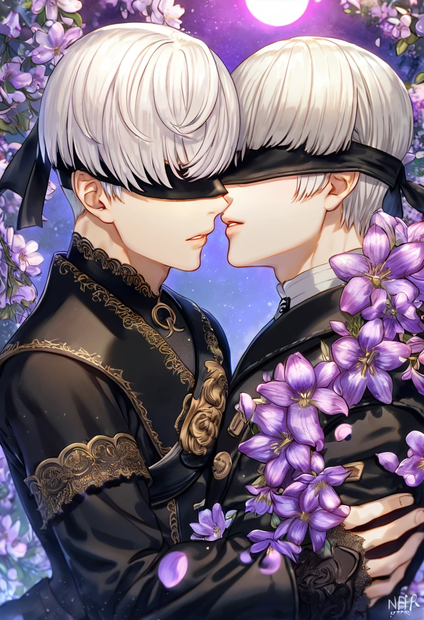 absurdres, highres, ultra detailed, HDR, master piece, best quality, 9S, white hair, with bangs, blindfolded eyes, Nier Automata, 2B, white hair, blindfolded eyes, two sexy men together, yaoi, gay couple, handsome, black clothes, fantasy, purple moon, purple flowers, purple blossoms, purple petals, fireflies