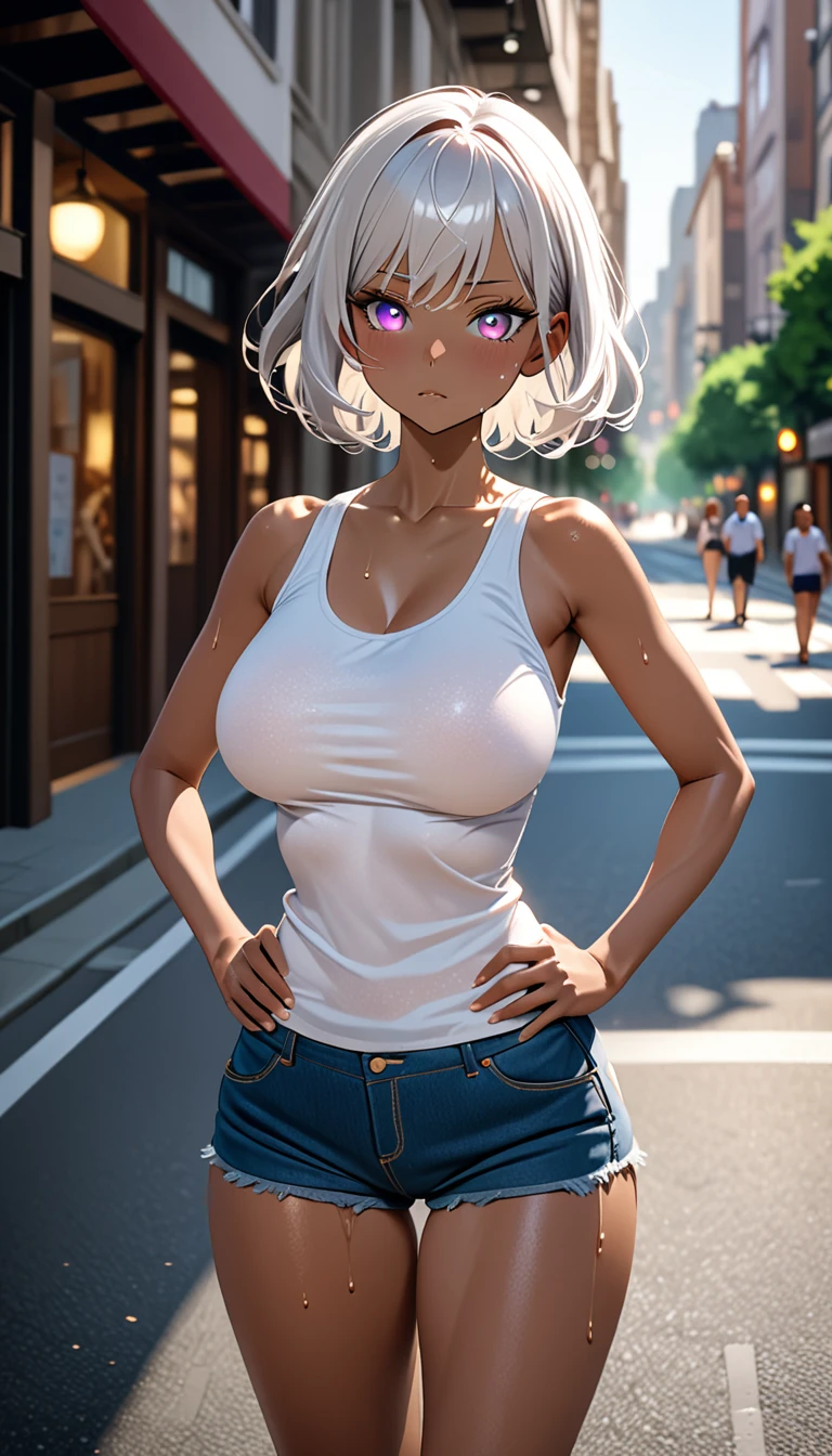 (Dark Skin:1.5), (Beautiful school girl:1.2), (Fine skin:1.3), (Glowing Skin:1.3), (Best body:1.3), (Short Hair:1.3), (Silver Hair:1.3), (Beautiful Hair:1.2), (eyeliner:1.3), (垂れeye:1.2), (eye:1.2), (紫色のeye:1.3), (emotionless:1.2), (Beautiful clavicle:1.2), (Shapely large breasts:1.2), (White tank top:1.3), (No sleeve:1.2), (Denim shorts:1.1), (Busy Street:1.2), (Outdoor:1.2), (Please put your hands on your hips:1.3), (Sweat:1.2), (Sweatで濡れる:1.5), (Super close), (Upper body close-up:1.3), (Delicate arms:1.2), (Delicate hands:1.2), (Supple and beautiful hands:1.2), (masterpiece:1.2), (High resolution:1.2), (Highest quality:1.2), (Detailed Background:1.2), (Fabric Shading:1.2), (Very delicate and beautiful:1.1), (reality:1.2), (8K:1.2),