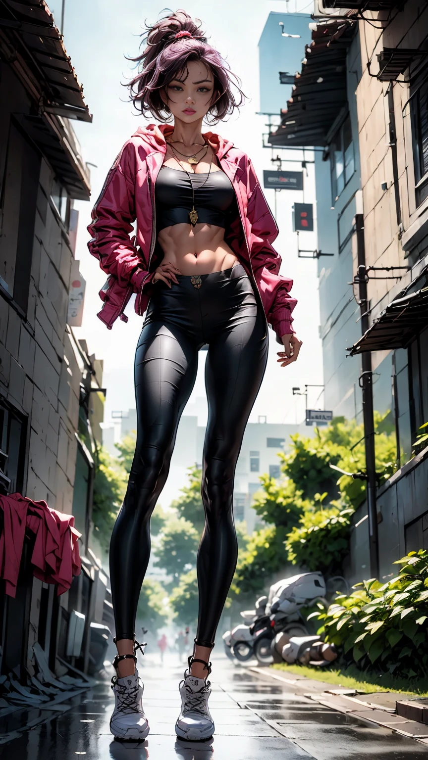 Oh, league of legend, sexy for, wallpapers, detailed eyes, fox ear, (fox tails), a skirt, (long pink fur), medium breasts, Looking at_It is shown in_Looking atl espectador, short_Hair, gloves, belly button, fail, Blue_there are eyes, Eternal, full_body, weapon, Footwear, Necklaces, negro_gloves, pulp, hooded, Hair_overcome_Yoon_there are eyes, cultivator_above, Hoodie, negro_pants, sneakers, cut_Jacket, cyber punk character, cut_Hoodie