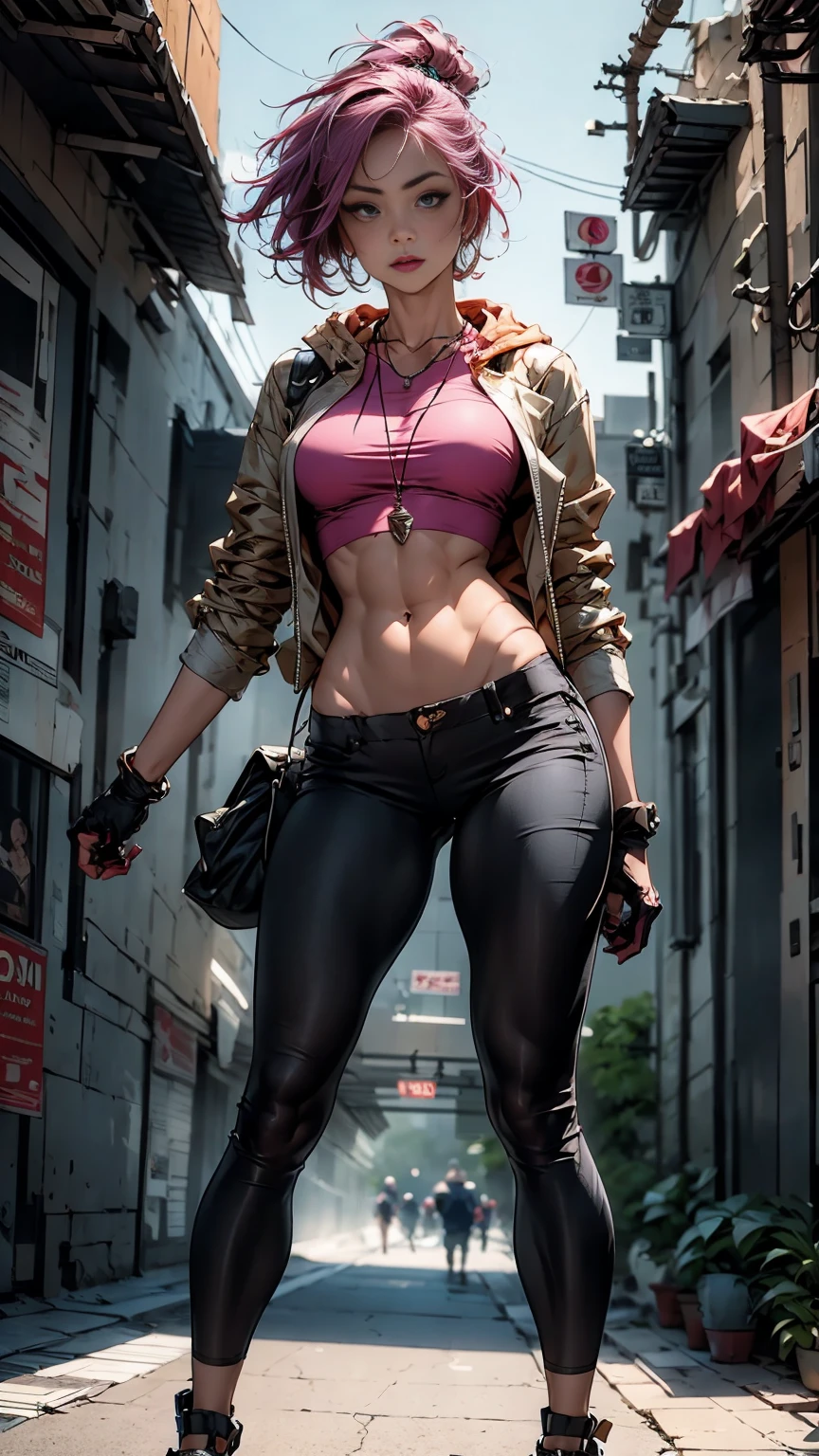 Oh, league of legend, sexy for, wallpapers, detailed eyes, fox ear, (fox tails), a skirt, (long pink fur), medium breasts, Looking at_It is shown in_Looking atl espectador, short_Hair, gloves, belly button, fail, Blue_there are eyes, Eternal, full_body, weapon, Footwear, Necklaces, negro_gloves, pulp, hooded, Hair_overcome_Yoon_there are eyes, cultivator_above, Hoodie, negro_pants, sneakers, cut_Jacket, cyber punk character, cut_Hoodie