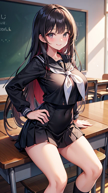 Adult features Bangs Straight Long Hair A big smile Breast enlargement Black Sailor Suit Below the knee skirt Rural classroom Strike a Pose