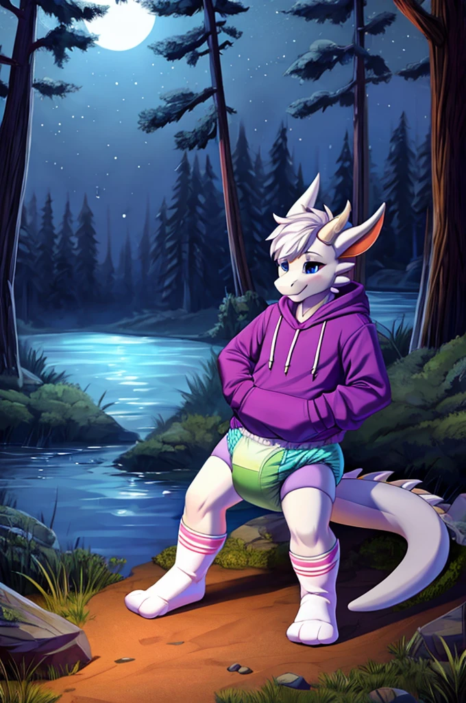 A femboy dragon wearing a sweatshirt and a diaper and white socks being in a dark magical forest near a lake at night 