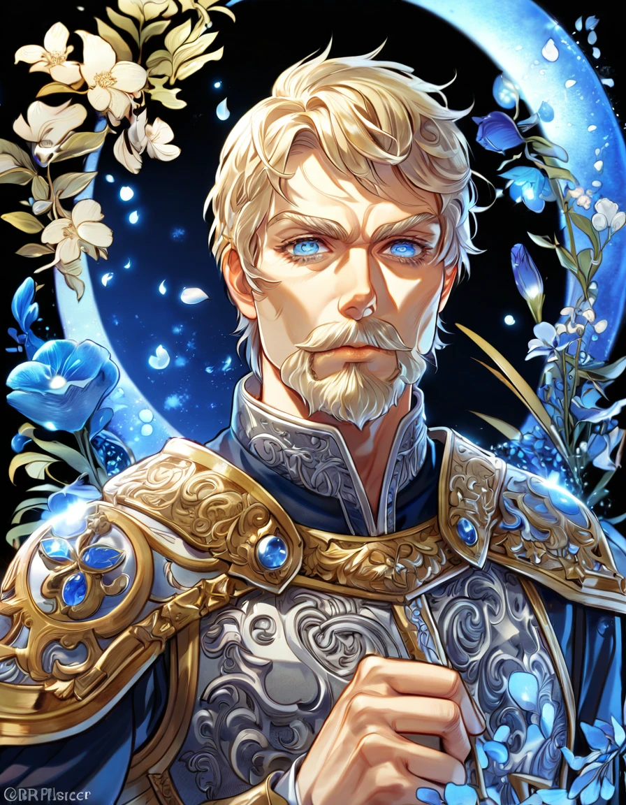 absurdres, highres, ultra detailed, HDR, master piece, Askeladd, blond hair, expressive blue eyes, without bangs, Viland Saga, sexy man, handsome, best quality, blue moon, flowers, fantasy, magical, solo, water, blue shining fireflies, blue petals, long-sleeved shirt, dark breastplate