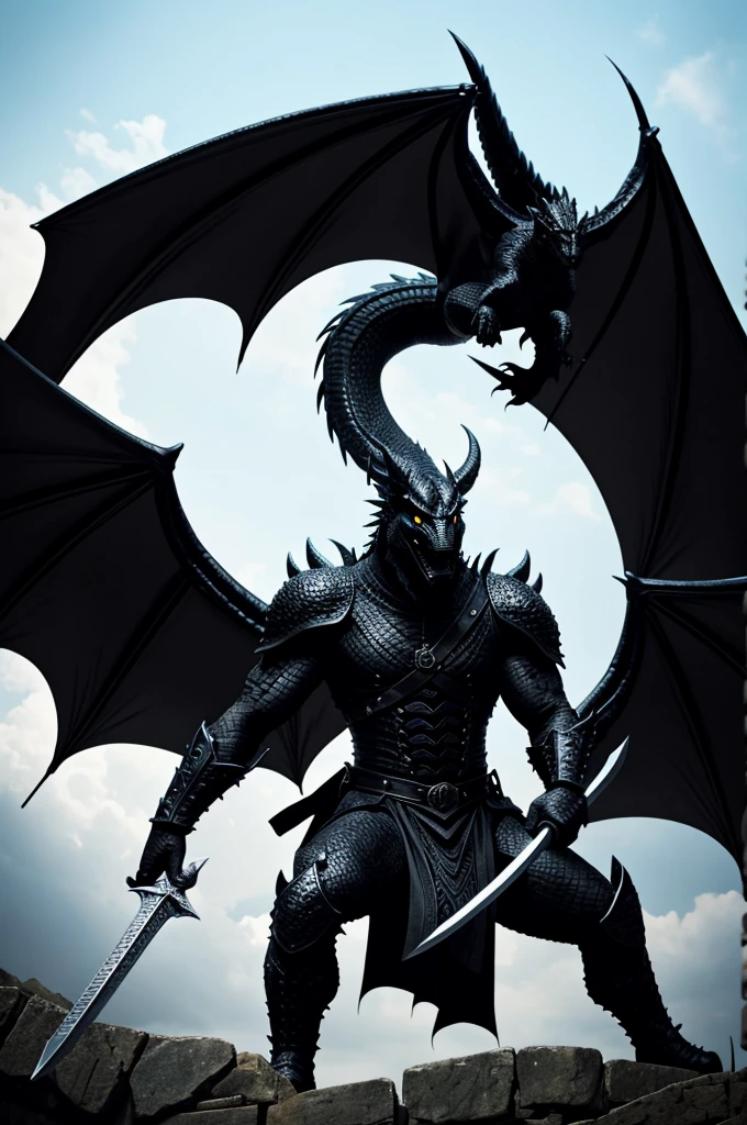 A black dragon wielding a sword