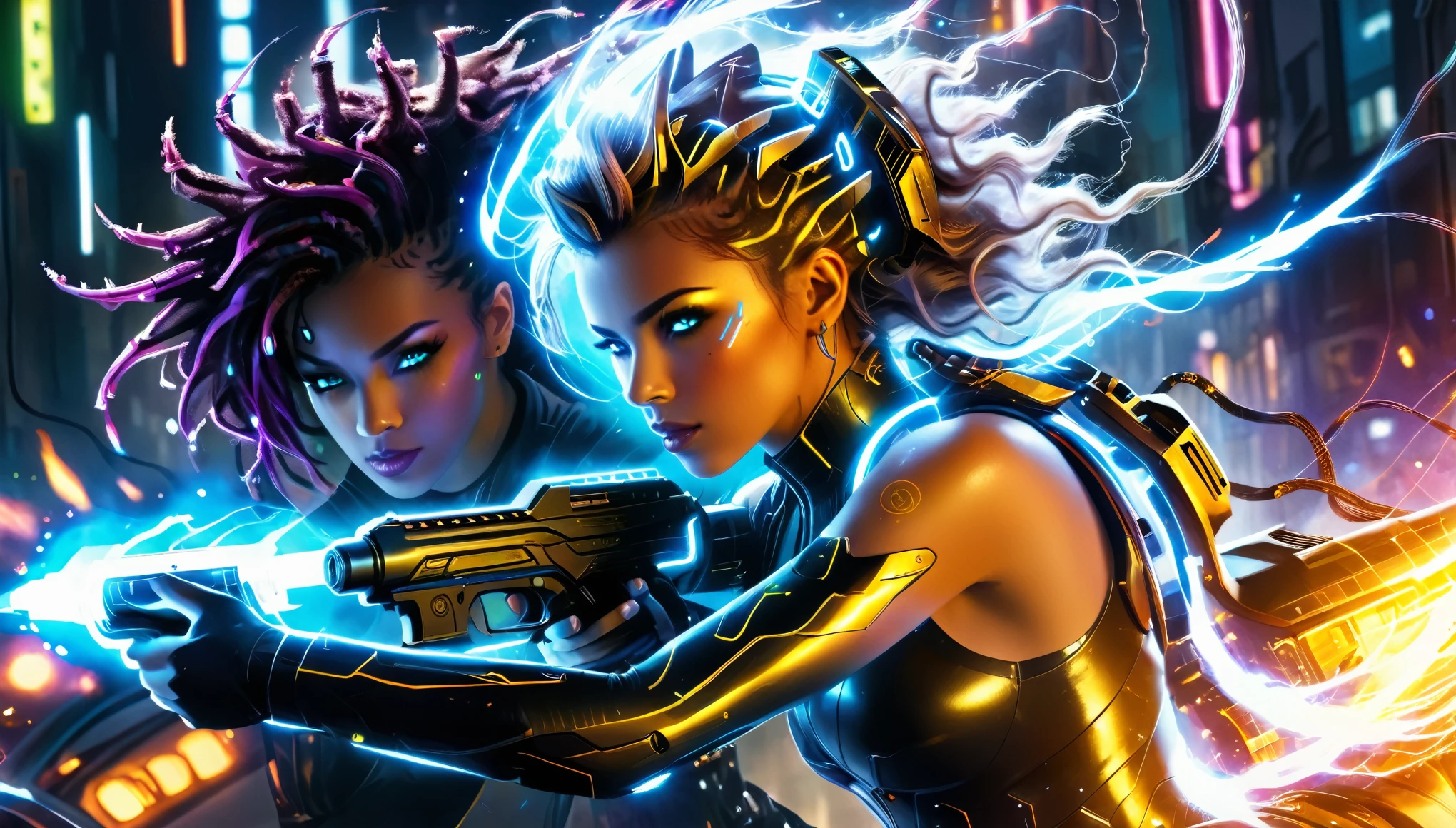 A fierce woman with neon cybernetic implants and wild hair, aiming a futuristic gun out of a high-tech vehicle, surrounded by neon-lit flames and sparks in a cyberpunk cityscape. Ultra realistic photo, vibrant color, 16k