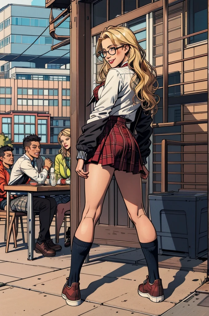 One girl, Glasses,  Jacket, Long Hair,, Plaid, Plaid skirt, , shoes, shuujin academy uniform, skirt, From behind, Outdoor, smile, School cafeteria, 
masterpiece, Highest quality,  Blonde, Sunburned skin, Dark Skin, Improve,Bronze Skin