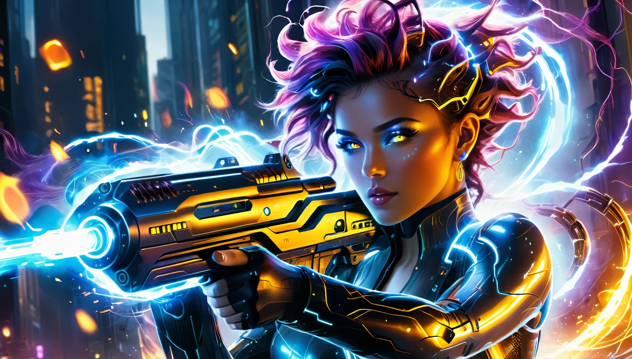 A fierce woman with neon cybernetic implants and wild hair, aiming a futuristic gun out of a high-tech vehicle, surrounded by neon-lit flames and sparks in a cyberpunk cityscape. Ultra realistic photo, vibrant color, 16k