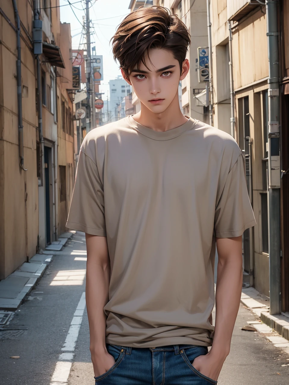 Anime guy, 21 years old, handsome, cuberpunk, neutral expression, with brown hair parted in middle, shoulder lengeth brown hair on right side of face, short brown hair smoothed towards back on the left side of face, yellow eyes, clay grey T-shirt, skinny biker blue jeans, standing in abandoned city street