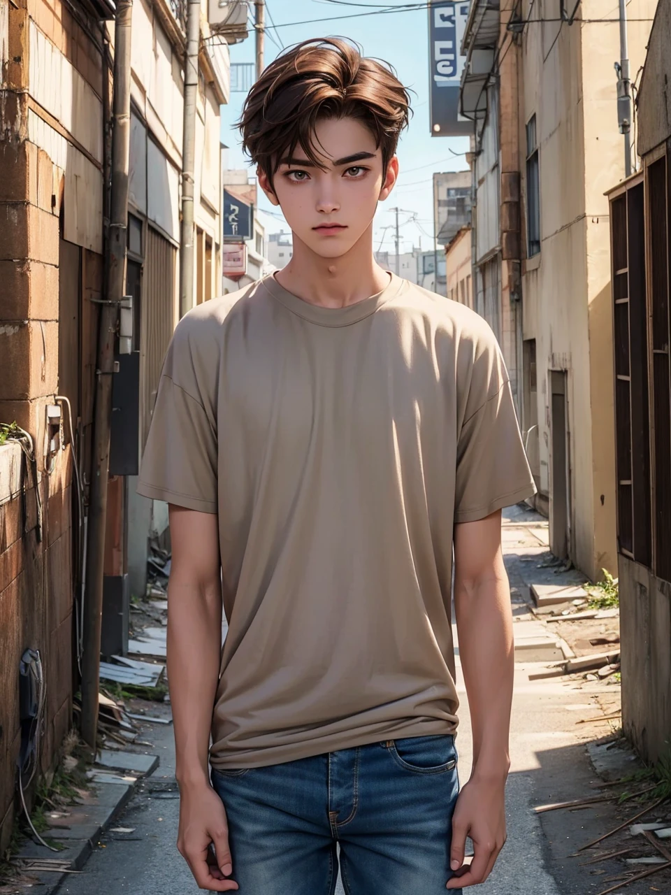 Anime guy, 21 years old, handsome, cuberpunk, neutral expression, with brown hair parted in middle, shoulder lengeth brown hair on right side of face, short brown hair smoothed towards back on the left side of face, yellow eyes, clay grey T-shirt, skinny biker blue jeans, standing in abandoned city street