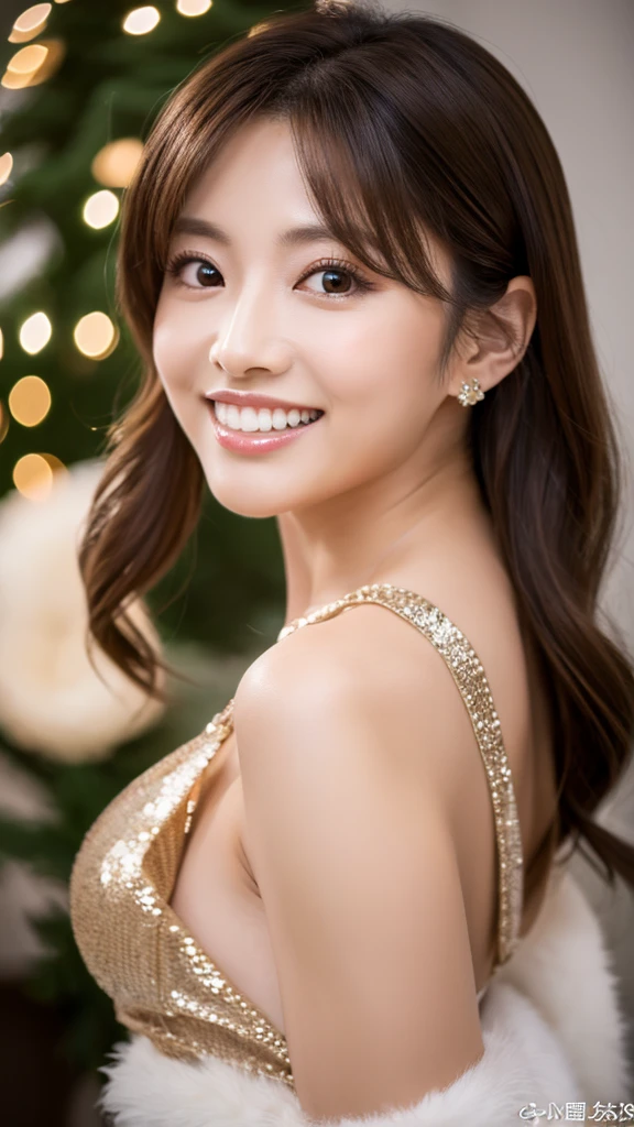Highest resolution, 4K, Masterpiece: 1.3), A Japanese milf, Sexy: 1.1, fine eyes, Slender figure, Realistic teeth, double eyelids, full body, best quality, detailed, beauty, new year party, wear dress