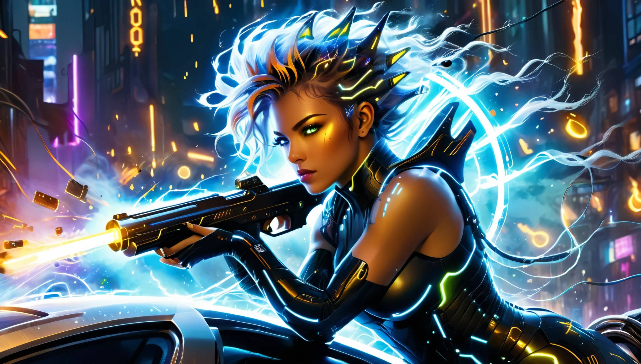 A fierce woman with neon cybernetic implants and wild hair, aiming a futuristic gun out of a high-tech vehicle, surrounded by neon-lit flames and sparks in a cyberpunk cityscape. Ultra realistic photo, vibrant color, 16k