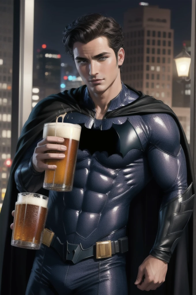 1boy, batman, suit, cape, drinking, beer, masterpiece , best quality, detailed,