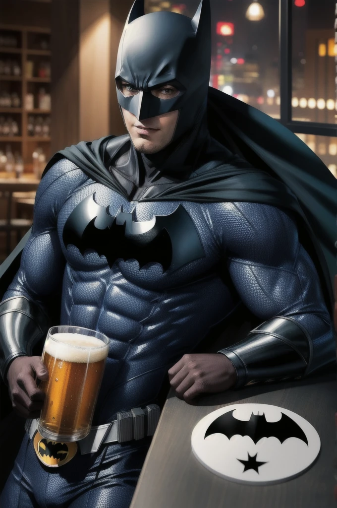 1boy, batman, suit, cape, drinking, beer, masterpiece , best quality, detailed,