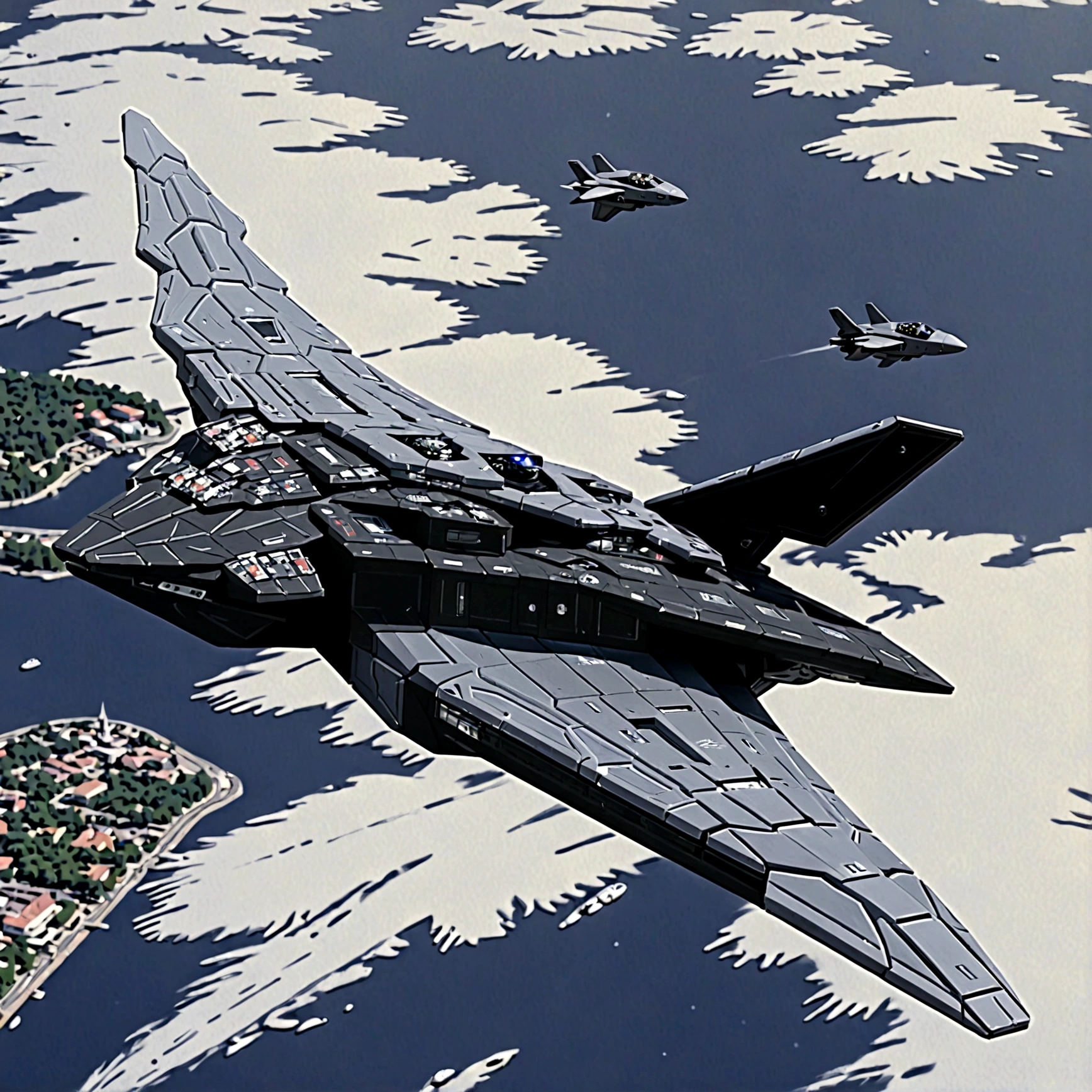 Uma space ship voando sobre uma grande cidade. Alien spacecraft arriving to Earth, science fiction illustration, science fiction detailed art, In the sky, space ship, naves espaciais In the sky ensolarado.
