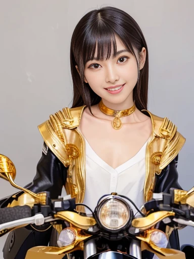 Japanese female, a lot of details, (underweight), 30 years old, detailed black hair, beautiful detailed hair, super fucking beautiful, delicate beautiful face, complex details beautiful and delicate eyes, perfect hands, (flat chest best quality:1.5), perfect and delicate limbs, detailed skin, best quality, ultra-detailed,(cheerful grin:1.5),
(motorcycle made of gold:1.5),cream office lady suit:1.2