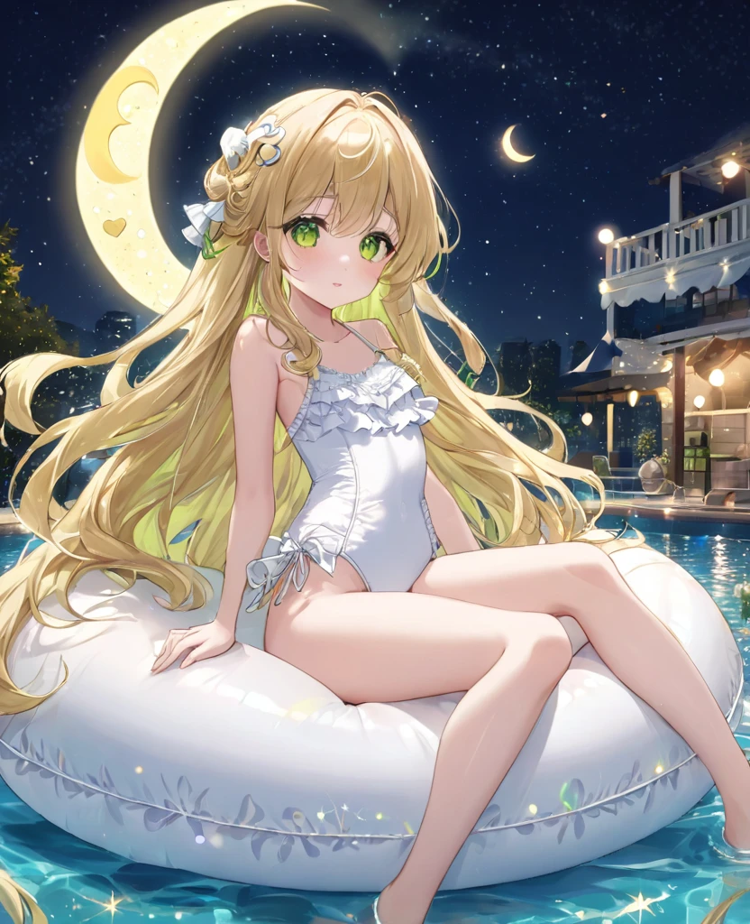 (masterpiece, best quality:1.2), (absurdres, highres, ultra-detailed), (perfect anatomy), 
Cute Girls、Night Pool、Riding on a float、Blonde、Fluffy longhair、Yellow-green eyes、Background glitter、night、Crescent Moon、heart、White frilly swimsuit

(8K, RAW photo:1.2),detailed face and eyes,intricate detail ,masterpiece ,sharp focus, high quality,BREAK,rating: general, newest