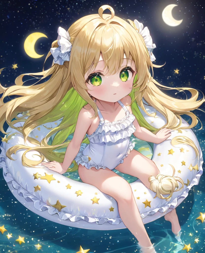 (masterpiece, best quality:1.2), (absurdres, highres, ultra-detailed), (perfect anatomy),
Cute Girls、Night Pool、Riding on a float、Blonde、Fluffy longhair、Yellow-green eyes、Background glitter、night、Crescent Moon、heart、White frilly swimsuit
(8K, RAW photo:1.2),detailed face and eyes,intricate detail ,masterpiece ,sharp focus, high quality,BREAK,rating: general, newest