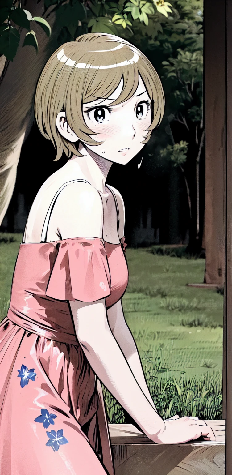 、(masterpiece、Highest quality)、Highest quality, Ultra-high resolution, (((masterpiece))), alone, Sweat、Big eyes,Show Viewer,
blonde,(short hair:1.2), (Highest quality:1.3),One Girl,Private Server、Floral dress、nature、Off the shoulder、Embarrassed face