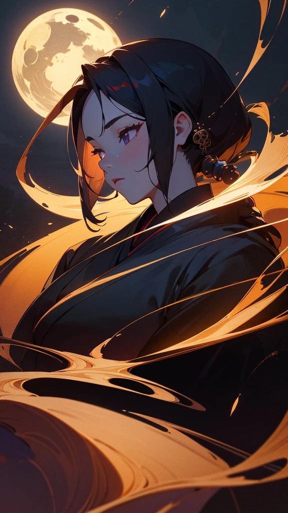 a beautiful young girl in a mysterious night scene, elegant kimono, exquisite japanese hair ornaments, detailed facial features, porcelain skin, graceful pose, glowing supernatural aura, dark moody atmosphere, deep shadows, moonlight, rich vibrant colors, intricate detailed textures, award-winning digital art, masterpiece, 8k, photorealistic