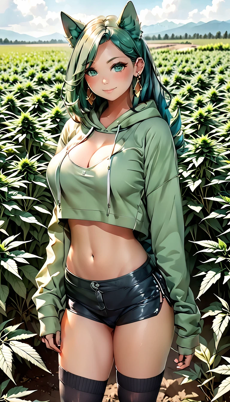 , Croped, , cleavage, slim waist, cropped hoodie underboob, cropped hoodieunderboobhoodie, 1girl, 2 wolf ears, wolf tail, marijuana crop hoodie, crop shorts, marijuana hoodie, spiky hair, spiky fur, green hair, red eyes,marijuana field, tight clothes, perfect eyes, perfect hands, clear resolution, full body, cleavage skin, marijuana plants, open hoodie, marijuana field, black thigh high socks, full body, earrings, 1girl, skirt, cleavage, slim waist, cleavage, slim waist, hair pulled back, big breast, round butt, slim waist, best quality, sexy pose, thick thighs, D-cup breast,