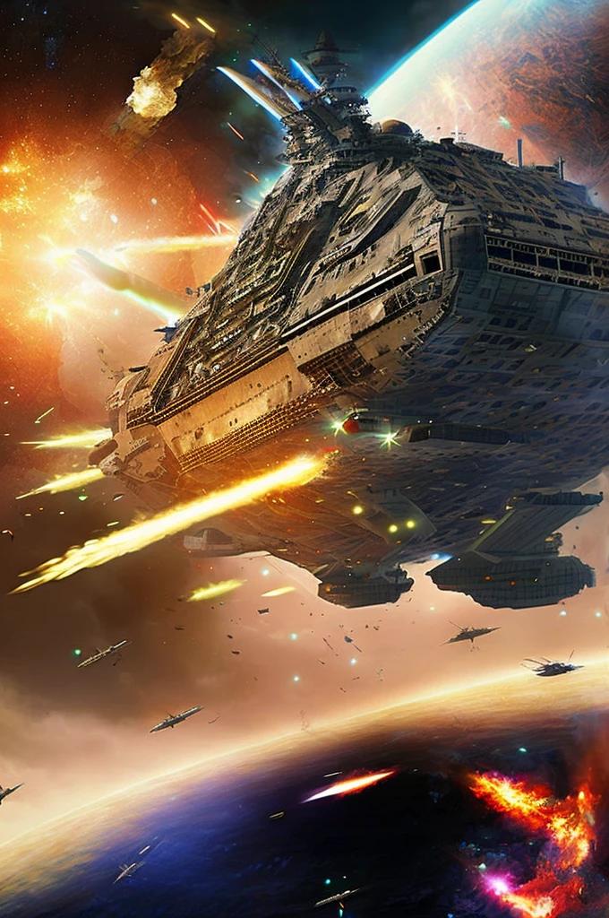 a giant battleship firing its turrets while being hit with lasers and missiles, masterpiece, epic space battle, photo realistic, best