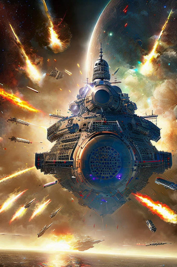 a giant battleship firing its turrets while being hit with lasers and missiles, masterpiece, epic space battle, photo realistic, best