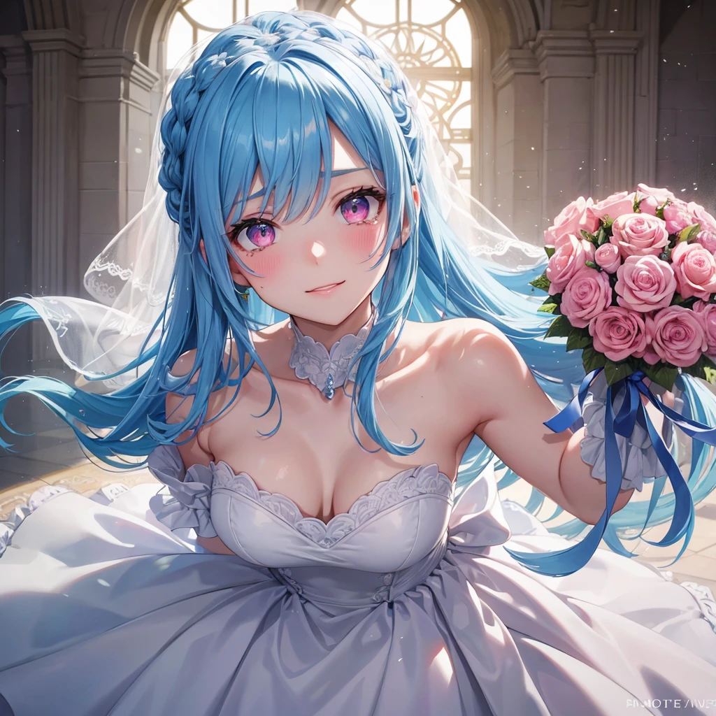 Sky blue hair, (Braided Ponytail),(Pink Eyes),Fair skin ,(whole body),(One girl),bride,A happy smile,Eyes shining with tears,Straight bangs, 6月のbride,Wedding dress,(masterpiece, Highest quality, Very detailed, Best Shadow), (Detailed Background), (Beautifully detailed face), High Contrast, (Best lighting, Very delicate and beautiful), ((Cinematic Light)), colorful, Hyper Detail, Dramatic Light, Intricate details,Chapel,Bouquet of roses
