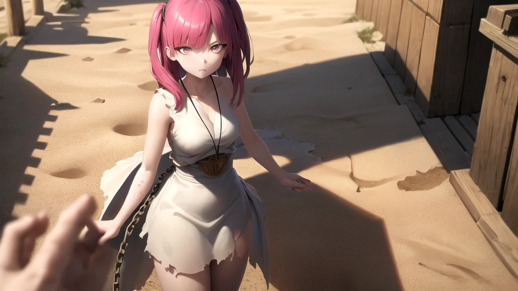 masterpiece, Highest quality, One girl, Morgiana Slave, Cowboy Shot, Torn Dress, dirty, Red eyes, One side up, Redhead, chain, sand漠の遺跡, sand漠の背景, sand, Disgust, View your viewers, View from below