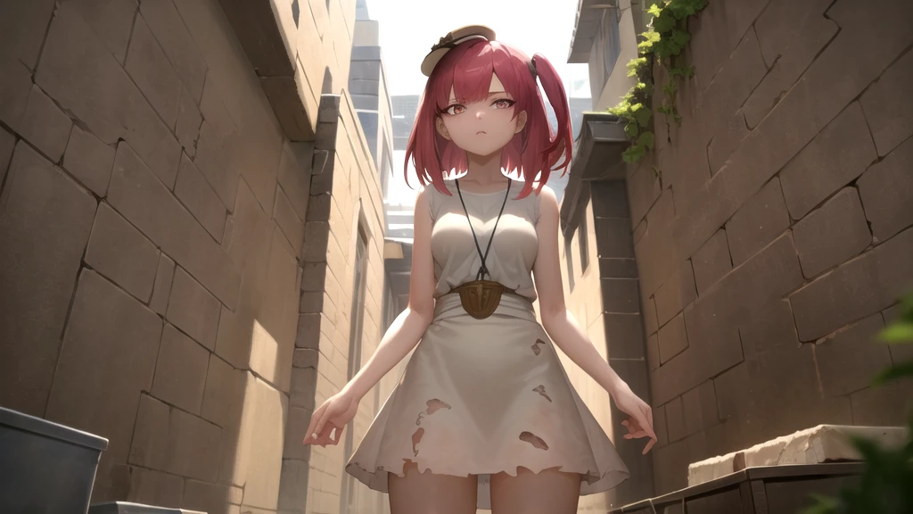 masterpiece, Highest quality, One girl, Morgiana Slave, Cowboy Shot, Torn Dress, dirty, Red eyes, One side up, Redhead, chain, sand漠の遺跡, sand漠の背景, sand, Disgust, View your viewers, View from below