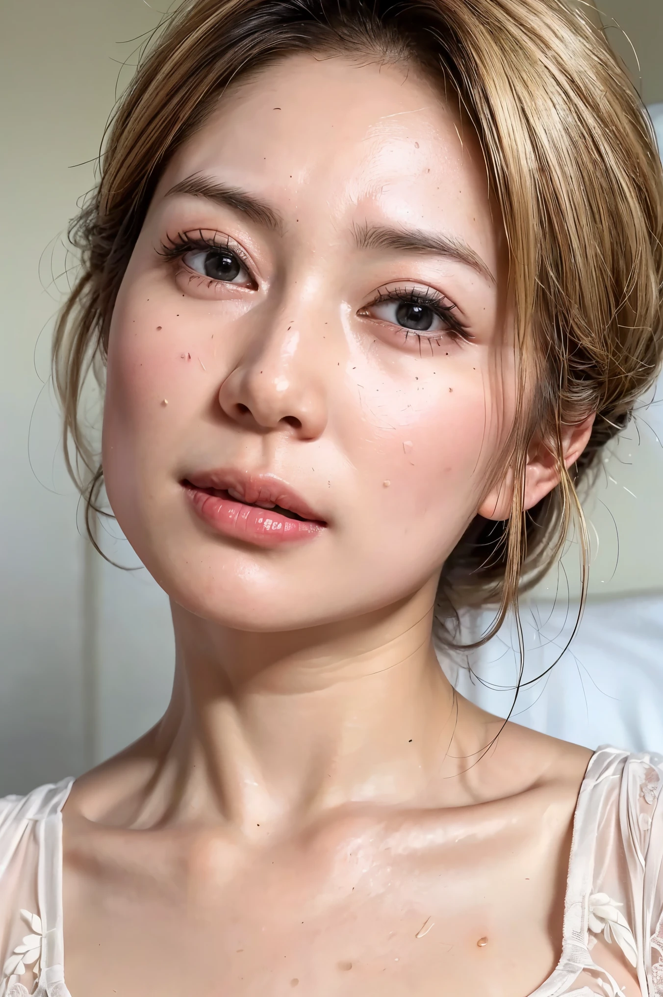 (Realistic:1.3、Ultra HD、Ultra-high resolution、8K、Female Japanese Housewife、寝室でキスをするMature Woman:1.5、At the bed)、((Look Viewer:1.8))、(Extremely realistic skin texture:1.4)、(Realistic:1.3)、short hair、((Embarrassed expression:1.5))、(blonde:1.5)、48-year-old woman、Mature Woman、Ponytail Hairstyles、(Brown eyes:1.3)、(Face close-up:1.38)、(Sweaty:1.2)、(Nipplesを見せる)、((衣服から突き出たNipples,))、dress、美しいNipples、Nipples、(Shooting from the side:1.1)、Drooling、((Kissing:1.6、、Drooling))