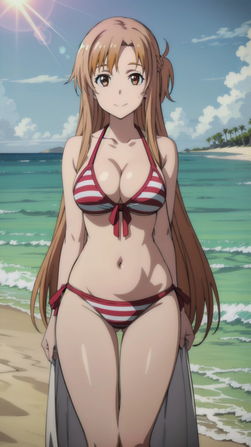 tall body, tall, long legs, mature female, mature, 
 ,Eft_sao_asuna, 1girl, asuna (sao), solo, long hair, smile, brown hair, collarbone, anime coloring, braid, Smiling, looking at the viewer, blue theme, blue background, cloudy sky, sunlight, sweat, orgasmic, bikini swimsuit, large breasts, cleavage, belly button exposed, collarbone, thighs, sea and beach,