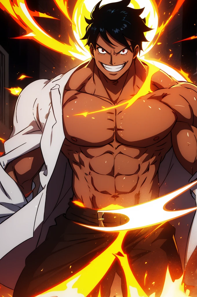 a strong guy, shirtless, long standing black hair, shining orange aura, huge grin, white eyes, muscular