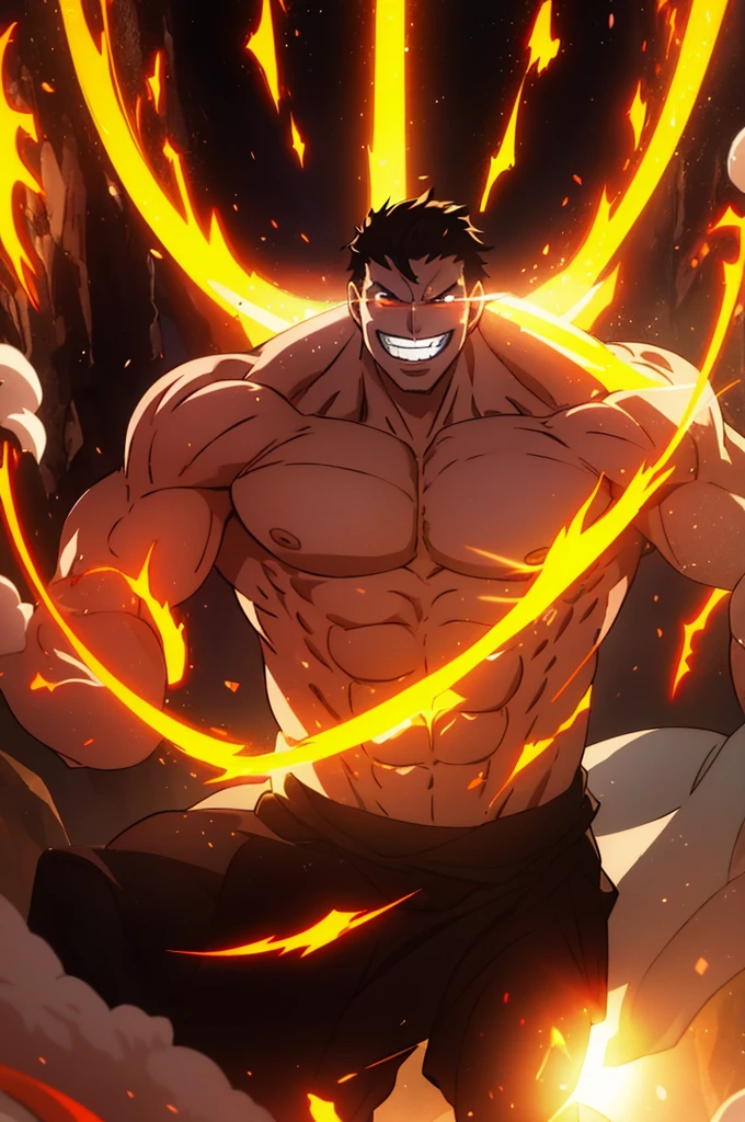a strong guy, shirtless, long standing black hair, shining orange aura, huge grin, white eyes, muscular