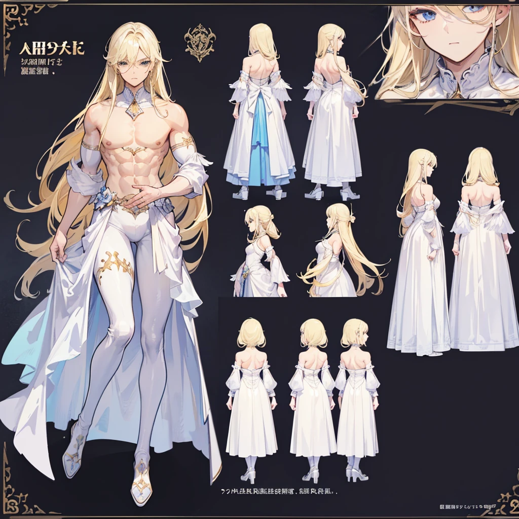 (Masterpiece, best quality), detailed, 1 man, ((character concept art)), ((character design sheet, same character, front, side, back)), full body, body complete, 1 Male angel, 1 Man angel, Detailed face, character design sheet，full bodyesbian, Highly detailed, character sheet, character design, Many parts, dark skin, angel wings, long blonde hair, angel outfit, muscle male god, male clothes, masculine, muscle man, male muscle, manly, male angel, Muscle male with long blonde hair，beautiful man, beautiful muscle man