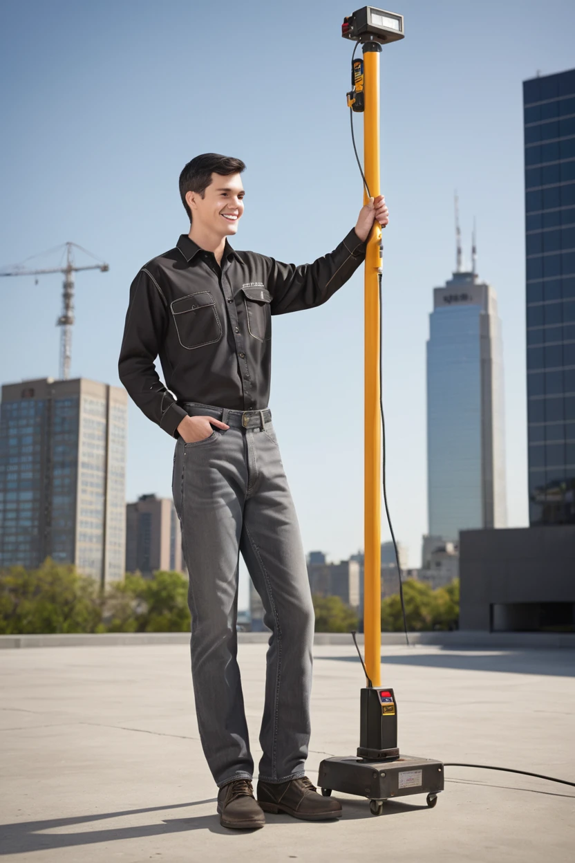 photorealistic , highest resolution , full body image , Attractive young men, black short hair ,healthy body, Long sleeve mechanic shop shirt, gray , Long jeans , leather shoes , holding a signal measuring instrument , Hand Tools ,Install a digital pole, on a tall building , In the sun ,  There is the word TV59 in the picture. , 