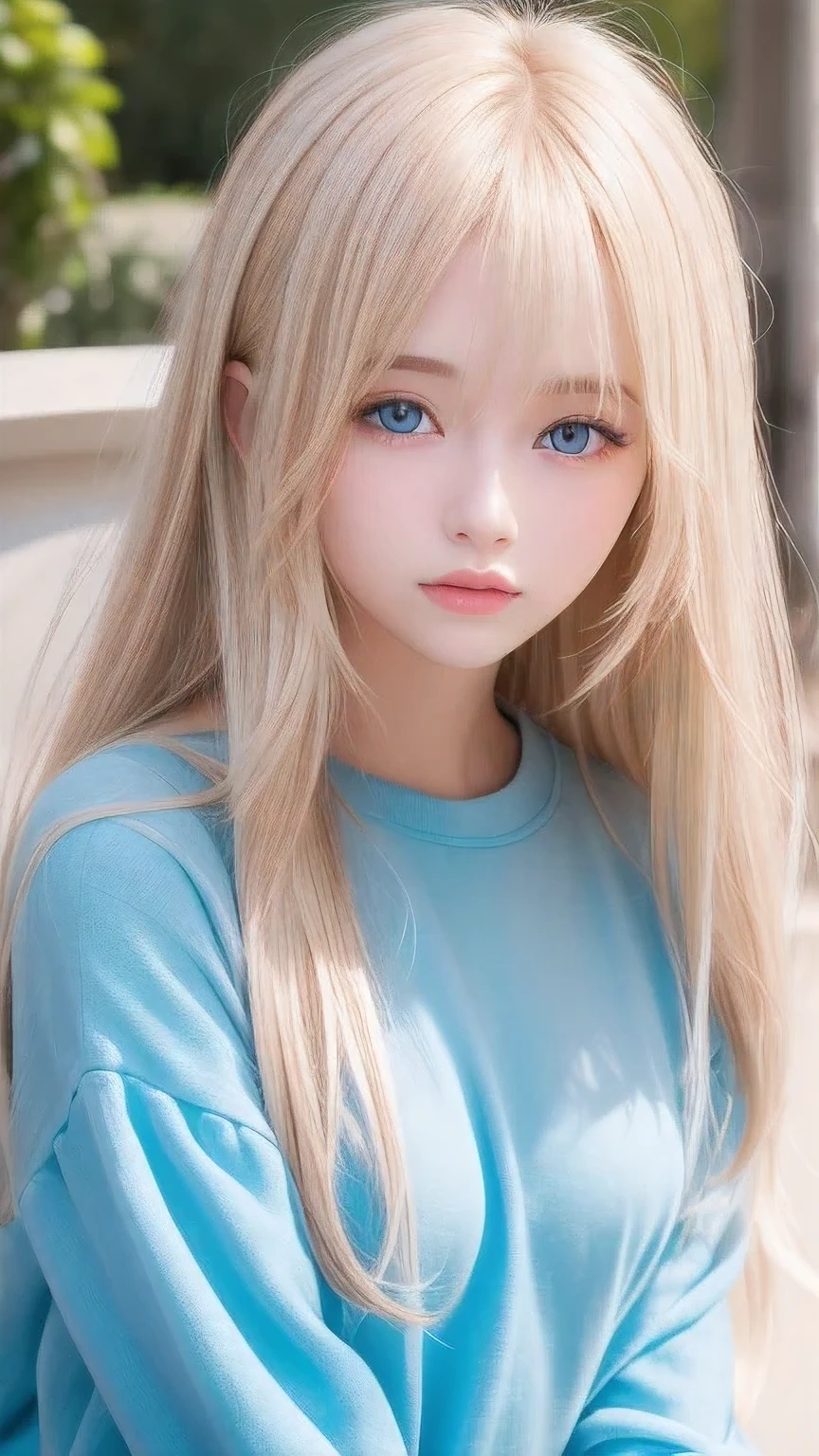 Super long straight silky blonde hair、Bangs hanging over the eyes、bangs on the face、A woman with beautiful, bright, large blue eyes is taking a photo, gorgeous young beautiful model, Portrait of Sophie Mudd, Beautiful female model, cute young beautiful girl, Portrait of a beautiful model, Beautiful Woman Photos, Perfect Face, 16 year old beautiful girl model, Beautiful young face, Blonde beautiful girl、Small Face Beauty、Round face、Tshirt、Ample Bust