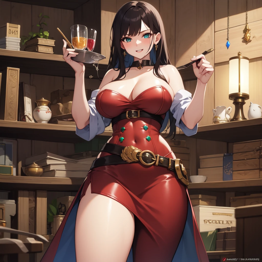 Highest quality、Ultra-high resolution、Fantasy、roleplaying game、A sexy busty female thief wearing scarlet clothes and holding an emerald in her right hand、Inside the Treasure Vault