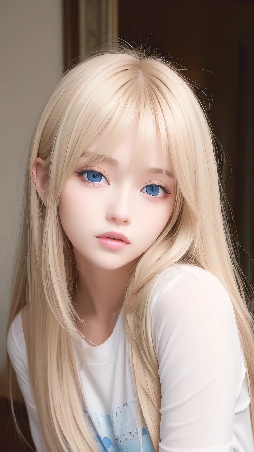 Super long straight silky blonde hair、Bangs hanging over the eyes、bangs on the face、A woman with beautiful, bright, large blue eyes is taking a photo, gorgeous young beautiful model, Portrait of Sophie Mudd, Beautiful female model, cute young beautiful girl, Portrait of a beautiful model, Beautiful Woman Photos, Perfect Face, beautiful girl model, Beautiful young face, Blonde beautiful girl、Small Face Beauty、Round face、Tshirt、Ample Bust