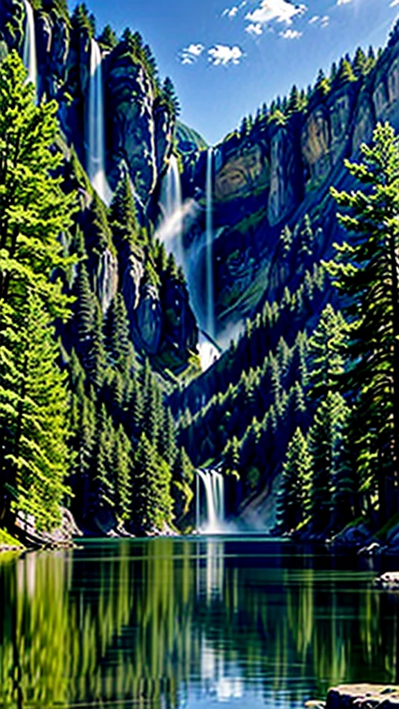 (work of art, best qualityer:1.2), in an environment of reflection for self-knowledge ,in the middle of the lake in a beautiful landscape, with trees and rivers, waterfall with crystal clear water