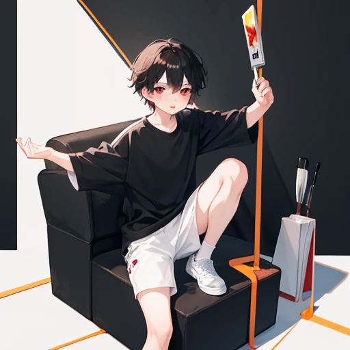 Under the legend，Shara，boy，sexy for，black shirt，black shorts，Black Silk，white sneakers, Blush，Standing position，has short brown hair，Painting Stand，blood red eyes, open legs, เด็กman, man, 10 years old, 