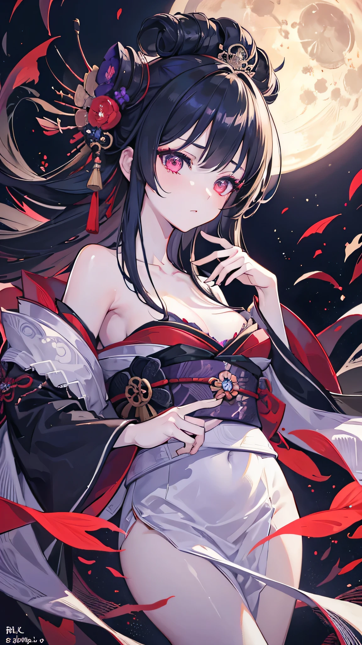 a beautiful young girl in a mysterious night scene, elegant kimono, exquisite japanese hair ornaments, detailed facial features, porcelain skin, graceful pose, glowing supernatural aura, dark moody atmosphere, deep shadows, moonlight, rich vibrant colors, intricate detailed textures, award-winning digital art, masterpiece, 8k, photorealistic