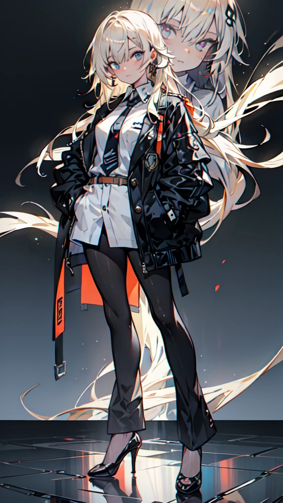 A beautiful young anime girl with long blonde hair, wearing a black jacket and tie, standing with her hand in her pocket and black high heels, highly detailed anime style portrait, clean and detailed anime visual, moe anime artistic style, high quality anime style, photorealistic, 8k, best quality, masterpiece, ultra-detailed, sharp focus, physically-based rendering, vivid colors
