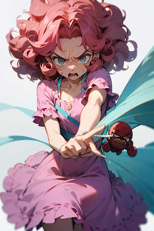 I want a  with emotion from the movie with fun with curly hair in a pink dress and an angry face