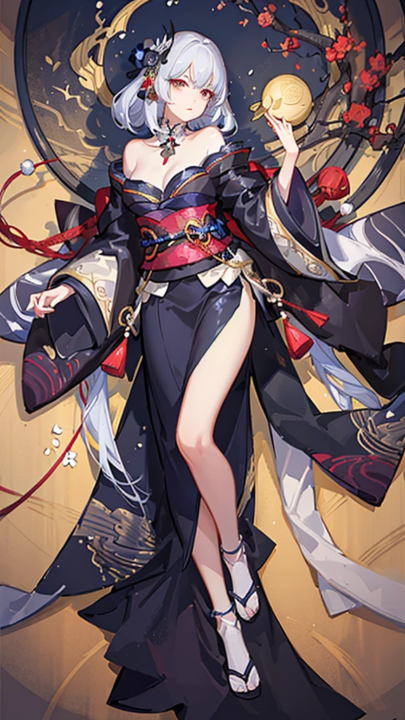 a beautiful young girl in a mysterious night scene, elegant kimono, exquisite japanese hair ornaments, detailed facial features, porcelain skin, graceful pose, glowing supernatural aura, dark moody atmosphere, deep shadows, moonlight, rich vibrant colors, intricate detailed textures, award-winning digital art, masterpiece, 8k, photorealistic